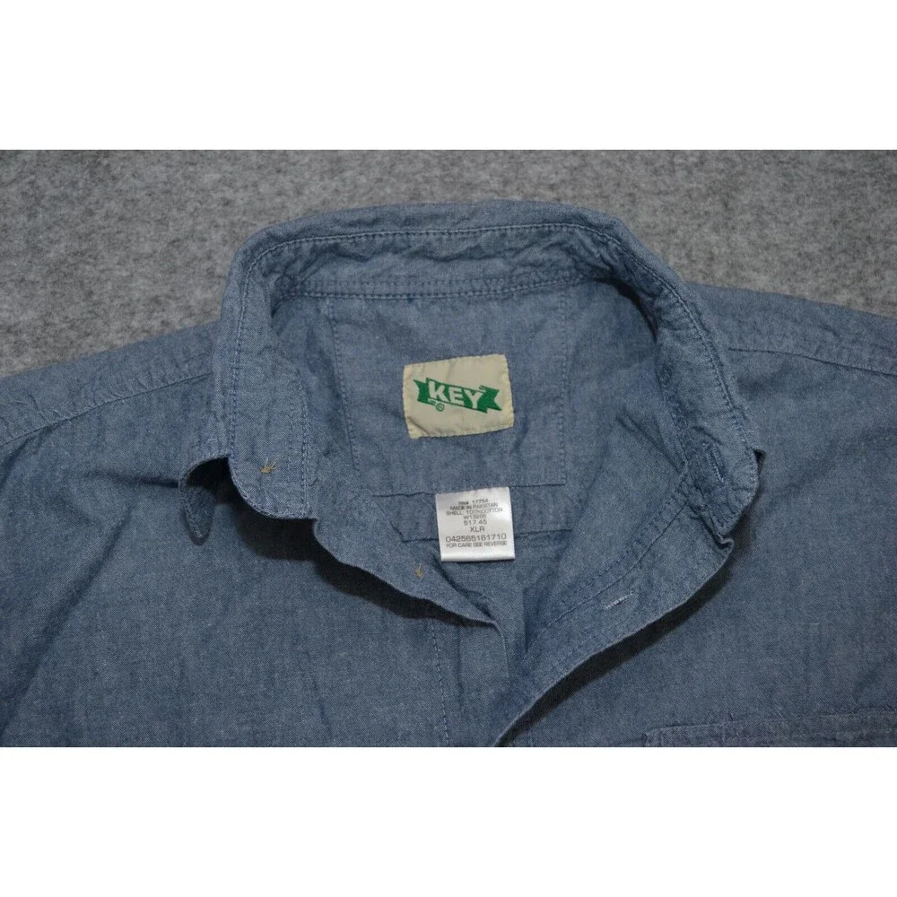Vintage KEY Blue Denim Pearl‎ Snap Button Front Western Shirt Size XL Regular